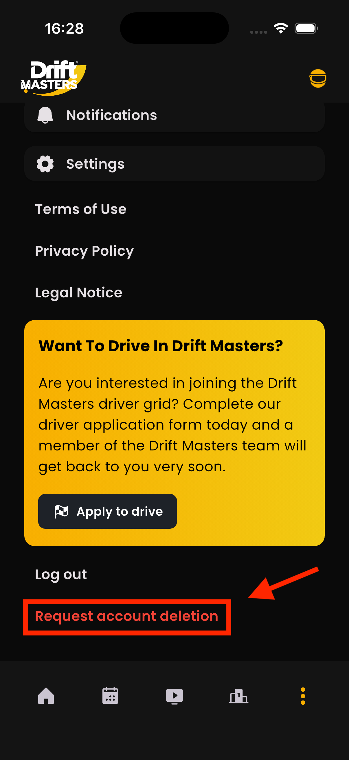 Request account deletion in mobile app screenshot